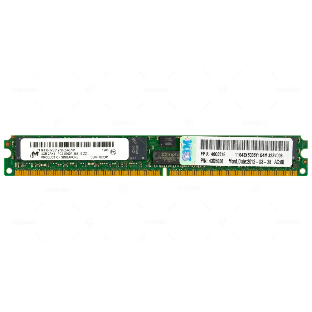 46C0519 IBM MEMORY 4GB 2RX4 PC2 5300P ECC RDIMM DDR2 43X5036, MT36HVS51272PZ-667H1